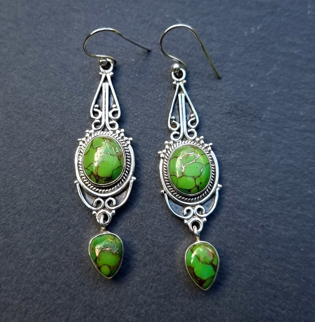 Boho Long Green Copper Turquoise Earrings, 925 Sterling Silver Dangly Earrings, Nepali Hippy Tribal Statement Earrings, Mistry Gems, E38GCT