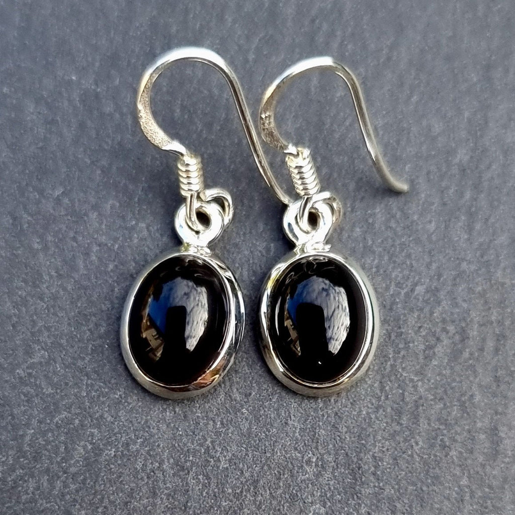 Small Oval Black Onyx 925 Sterling Silver Dangle Earrings, BOE1