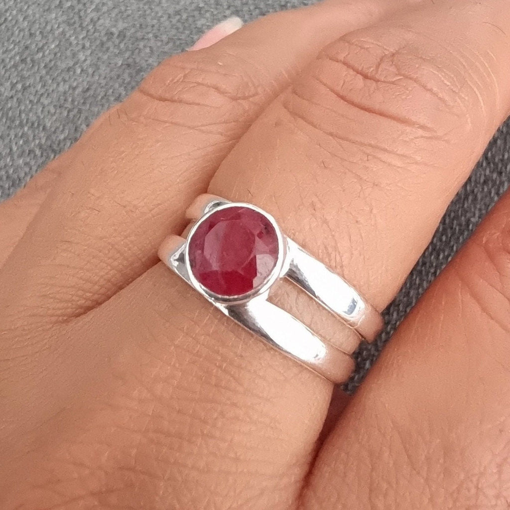 Round Ruby Sterling Silver Ring, July Birthstone, 40th Anniversary, Red Gemstone, Boho Ring, Solitaire Thumb Ring, Mistry Gems, R22R