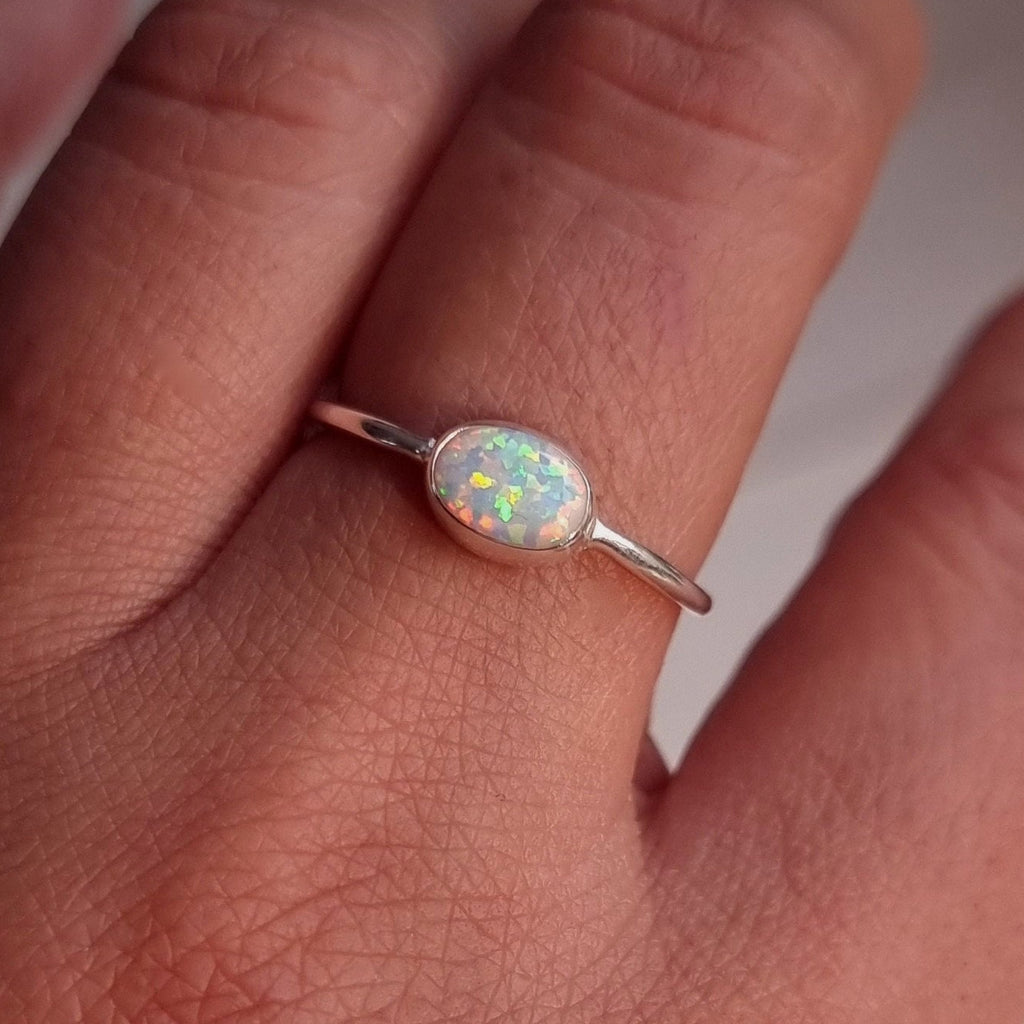 Dainty Horizontal Oval White Opal Ring 925 Sterling Silver