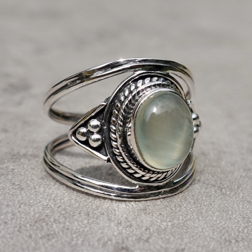 Bohemian Prehnite Sterling Silver Ring, Oval Nepali Forefinger Ring, Apple Green Gemstone, Stone of Unconditional Love, Mistry Gems, R29PRE