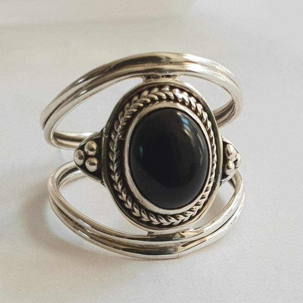 Unisex Black Onyx Sterling Silver Ring, Boho Nepali Style Long Forefinger Ring, Black Gemstone Jewellery, 7th Anniversary, Mistry Gems, R29O