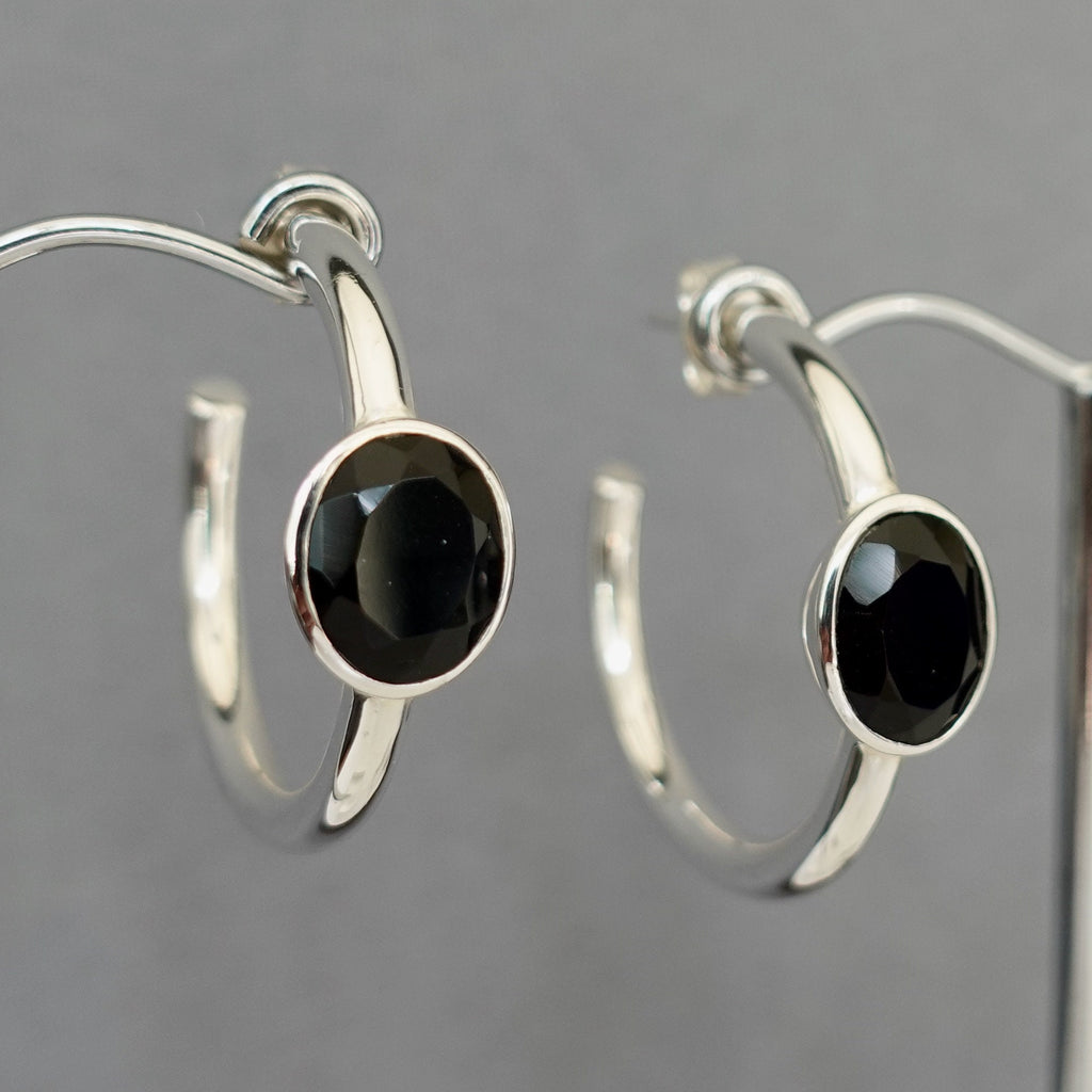 Black Onyx Chunky 925 Silver Hoop Earrings, E28O