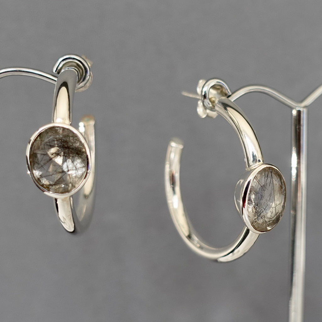 Tourmalinated Quartz Chunky 925 Silver Hoop Earrings, E28TQZ