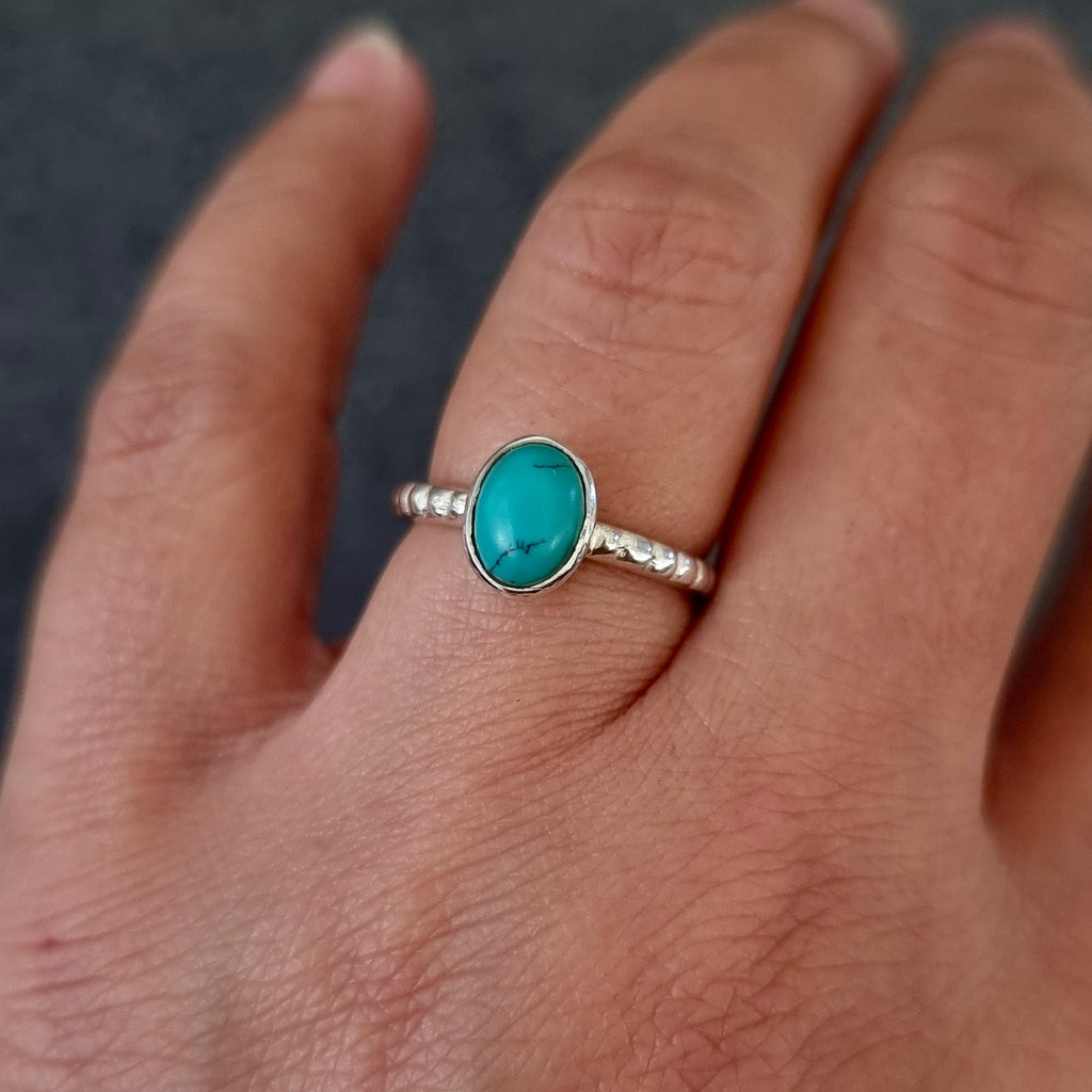 Dainty Turquoise Ring, Oval 925 Silver Rings, Solitaire Ring, December Birthstone, Blue Gemstone, Stacking Ring, Mistry Gems, R150T