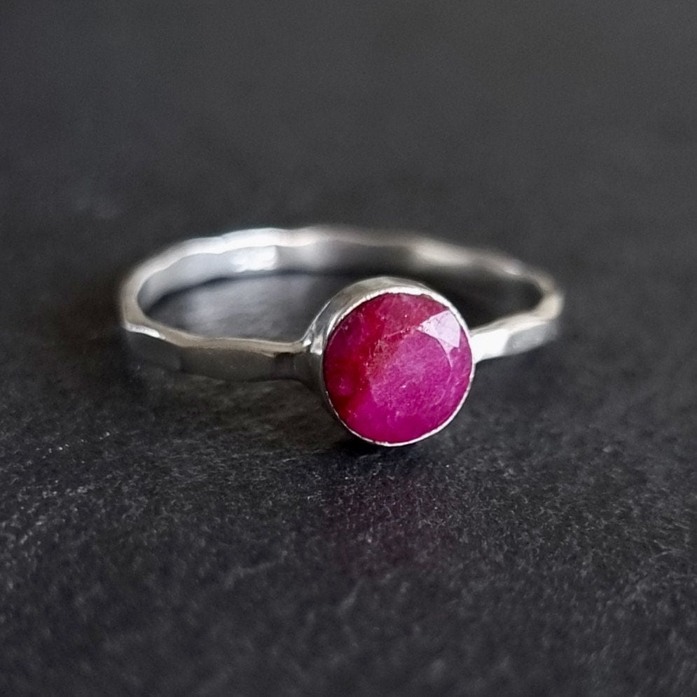 Ruby Ring, Facetted 6mm Round Stacking Ring, 925 Sterling Silver, 40th Anniversary, July Birthstone, Pink Gemstone, Mistry Gems, R11R