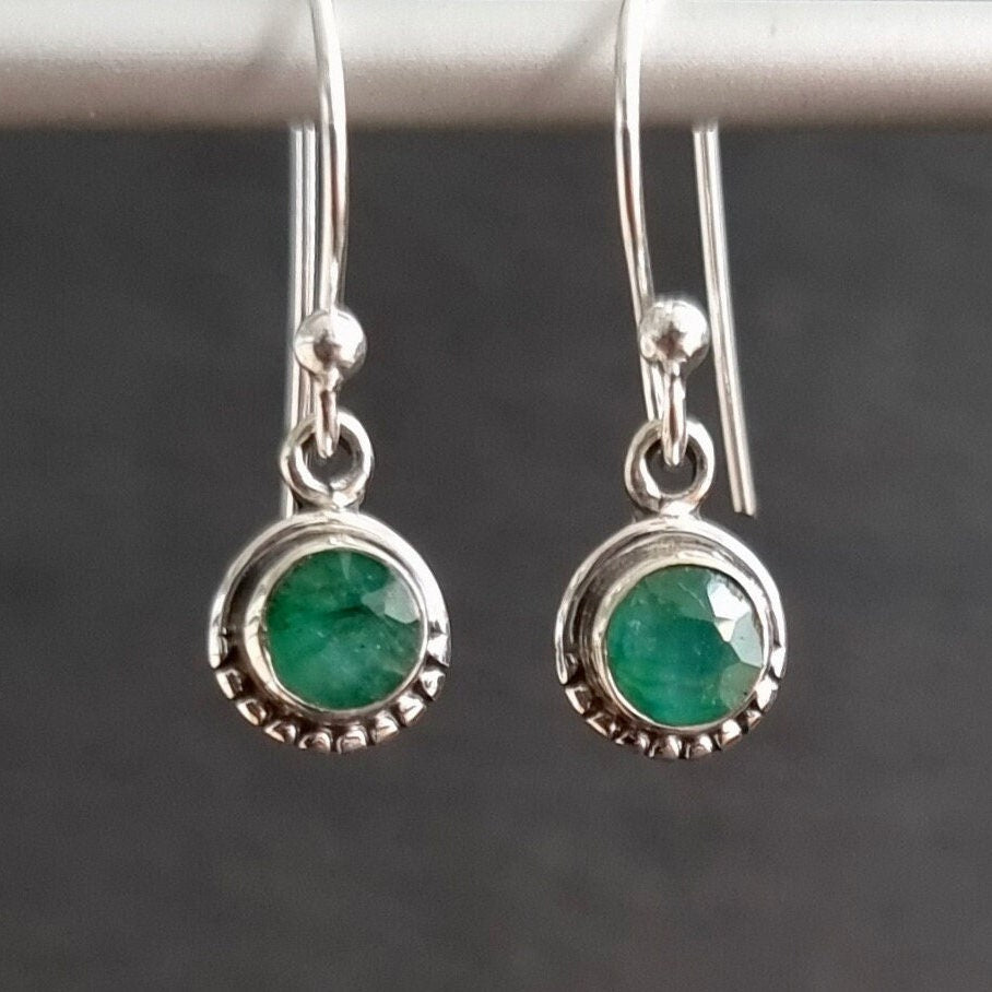 Emerald Dainty Round Boho 925 Silver Earrings, E86EM