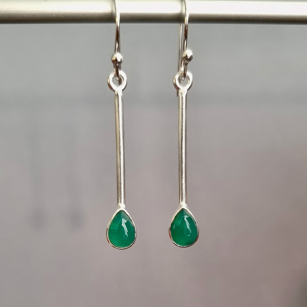 Green Onyx Teardrop Long 925 Silver Earrings, E15GO