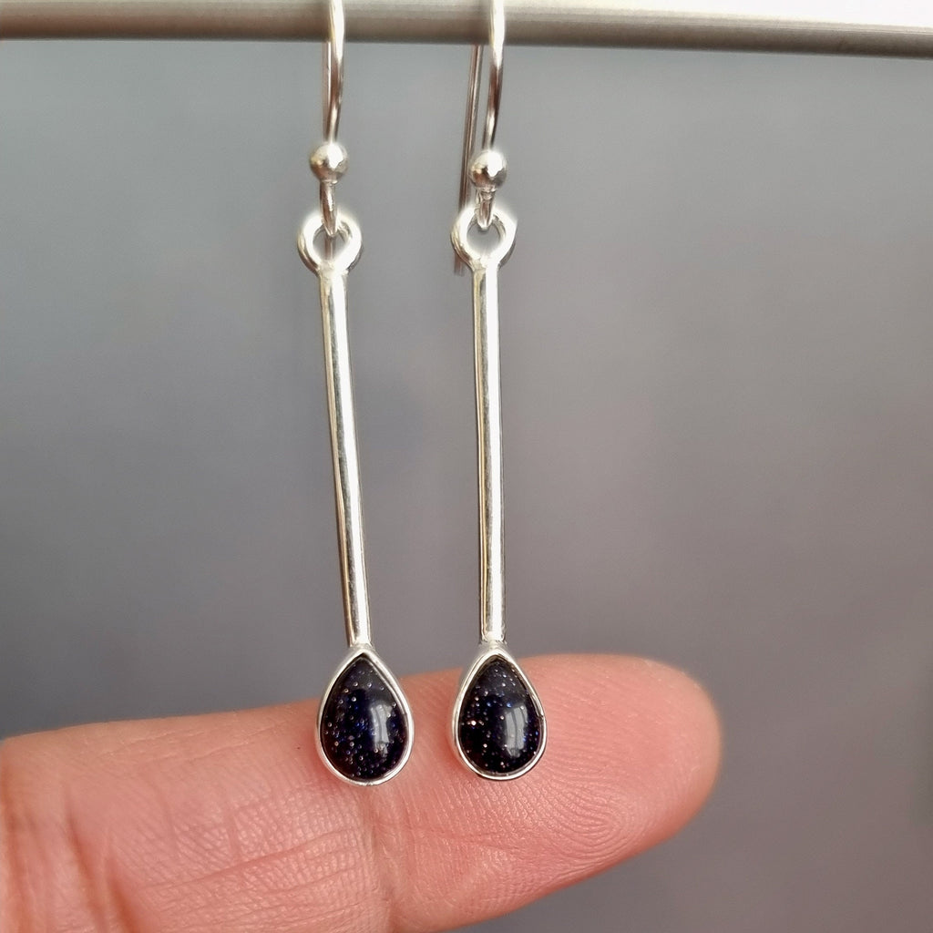 Blue Goldstone Teardrop Long 925 Silver Earrings, E15BS