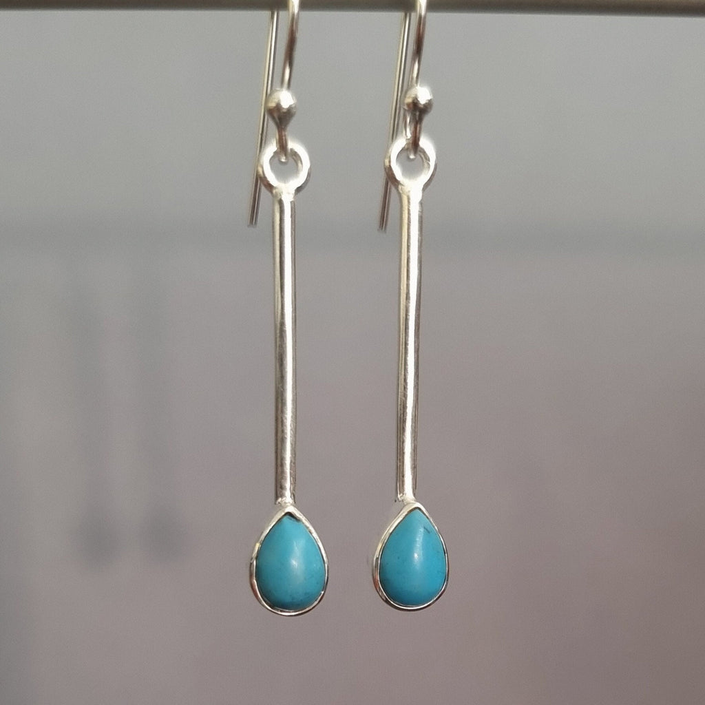 Blue Turquoise Teardrop Long 925 Silver Earrings, E15T