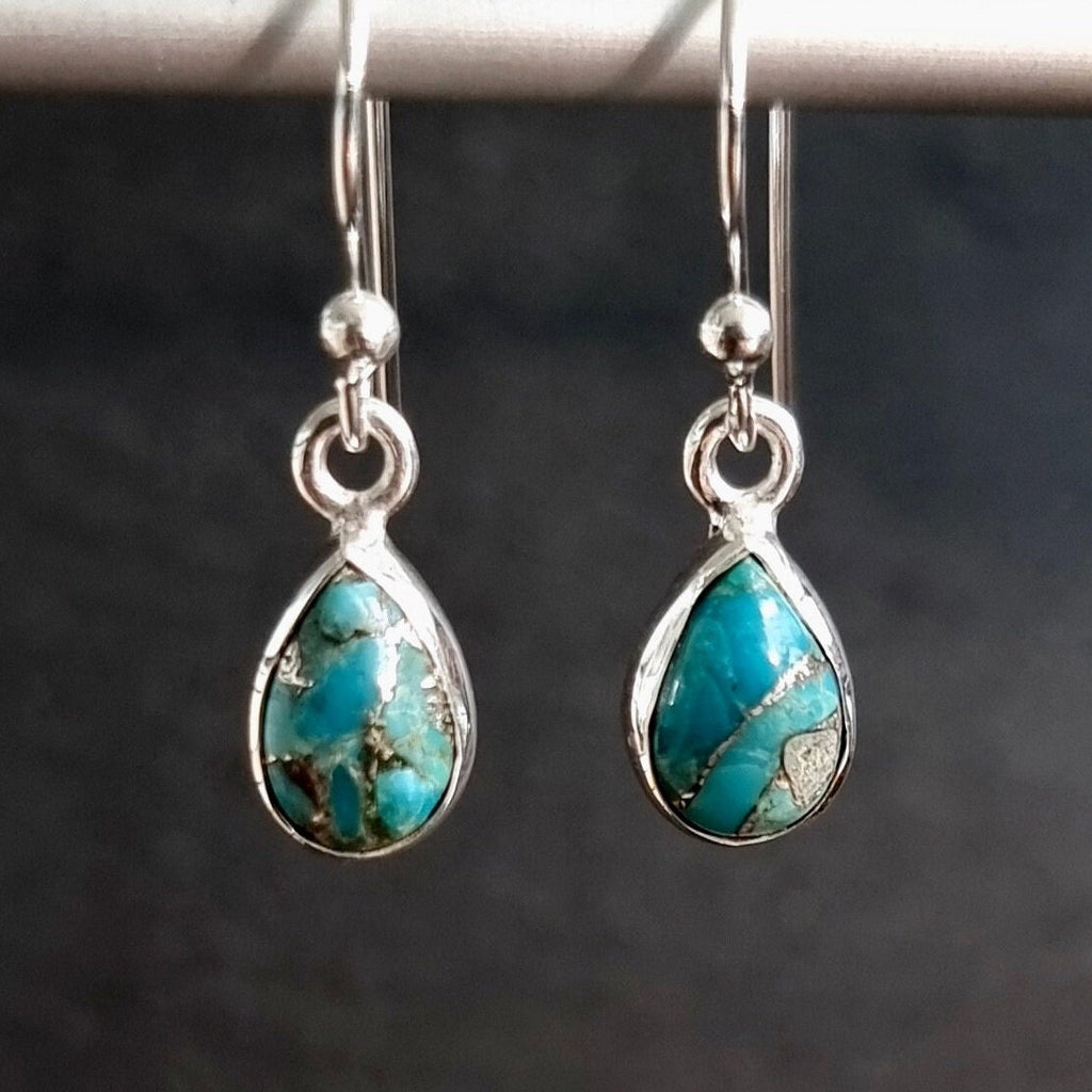 Blue Copper Turquoise Teardrop 9mm x 6mm 925 Silver Earrings, E5T