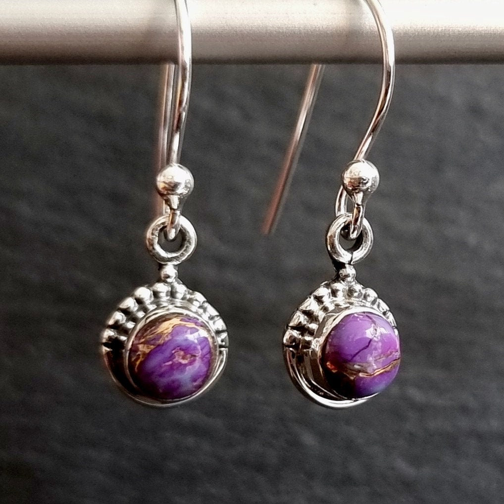 Purple Copper Turquoise Small Round Boho 925 Silver Earrings, E91PCT