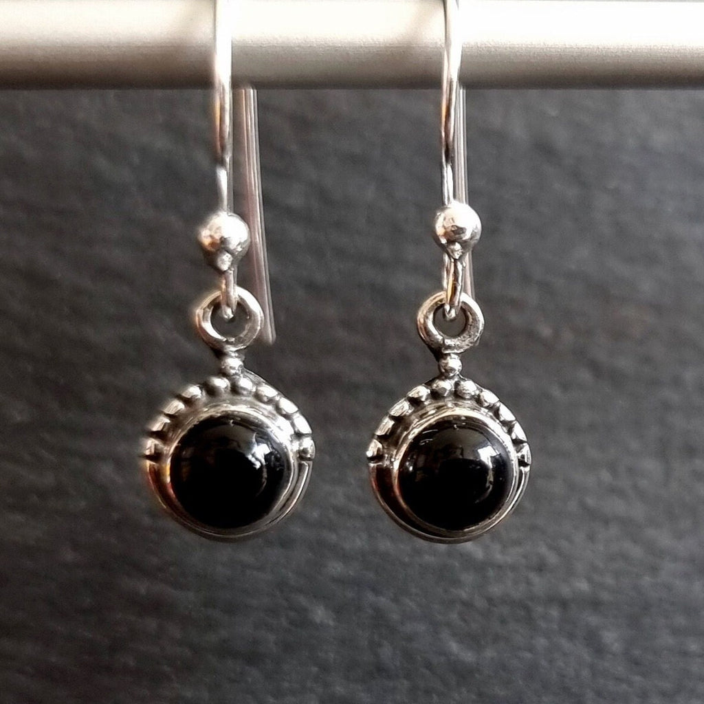 Black Onyx Small Round Boho 925 Silver Earrings, E91O