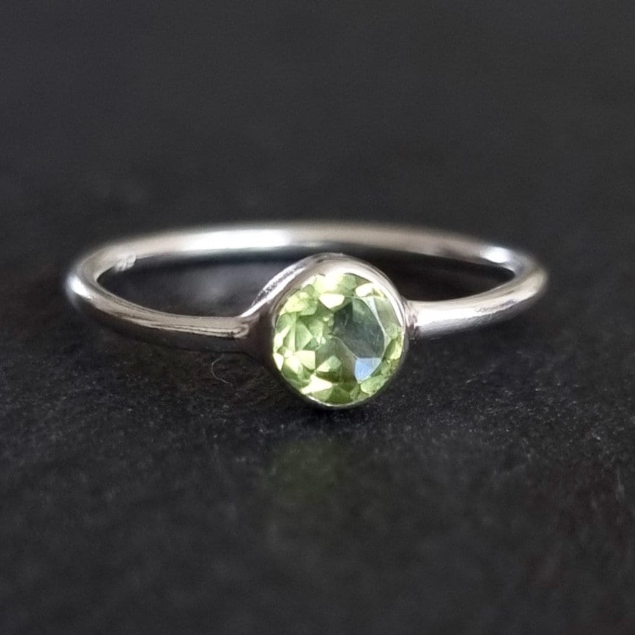 Peridot Ring, Facetted Round 5mm 925 Silver Stacking Ring, Solitaire Ring, Engagement Ring, August Birthday, Green Gem, Mistry Gems, R10PF
