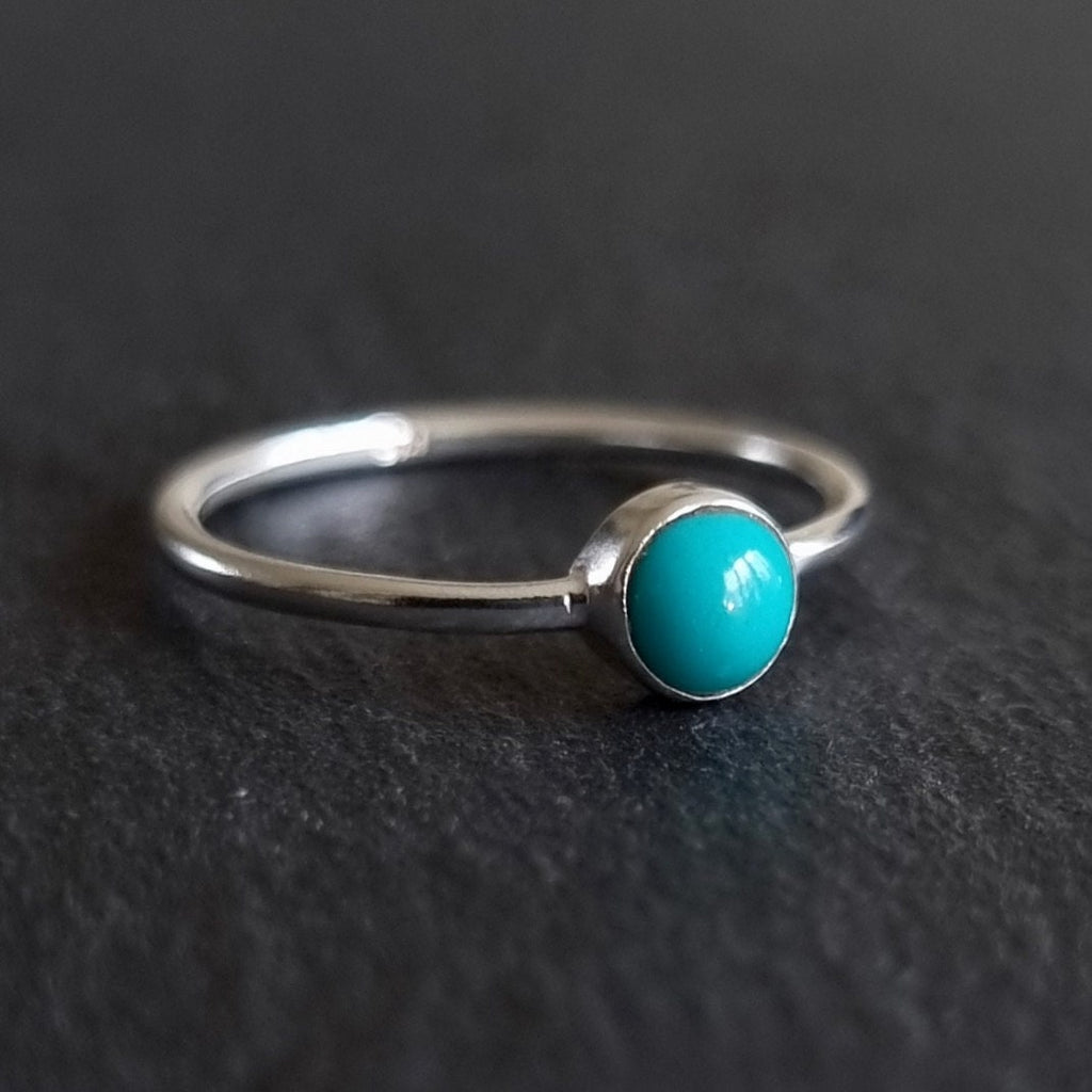 Turquoise Ring, 5mm Round Stacking Ring, 925 Silver Solitaire Ring, Engagement Ring, December Birthstone, Blue Gemstone, Mistry Gems, R10T