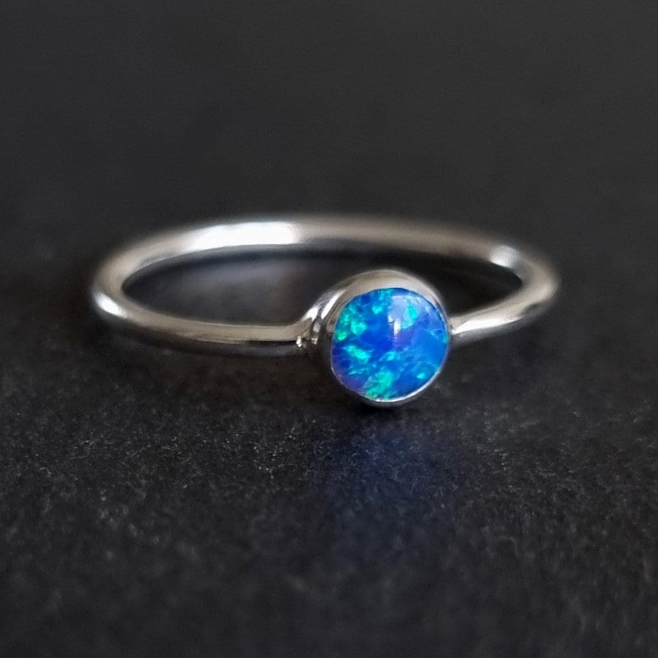 Blue Opal 5mm Round 925 Silver Stacking Ring, R10BOP