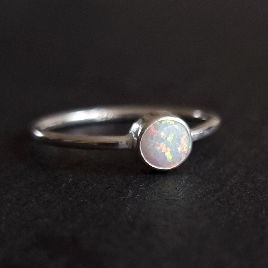 White Opal 5mm Round 925 Silver Stacking Ring, R10WOP