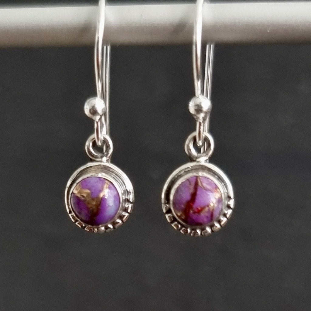 Purple Copper Turquoise Dainty Round Boho 925 Silver Earrings, E86PCT