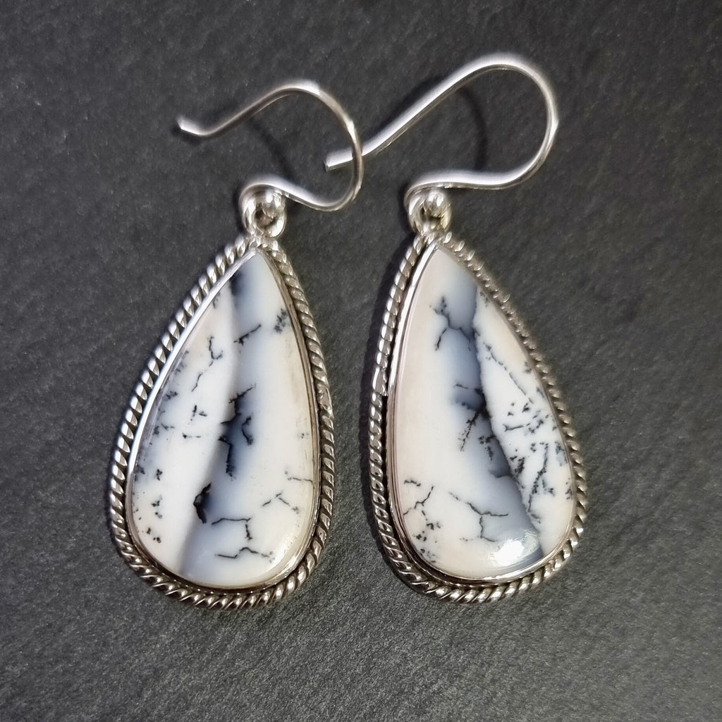 Dendritic Agate Teardrop 27mm x 15mm 925 Silver Earrings, DAGE1