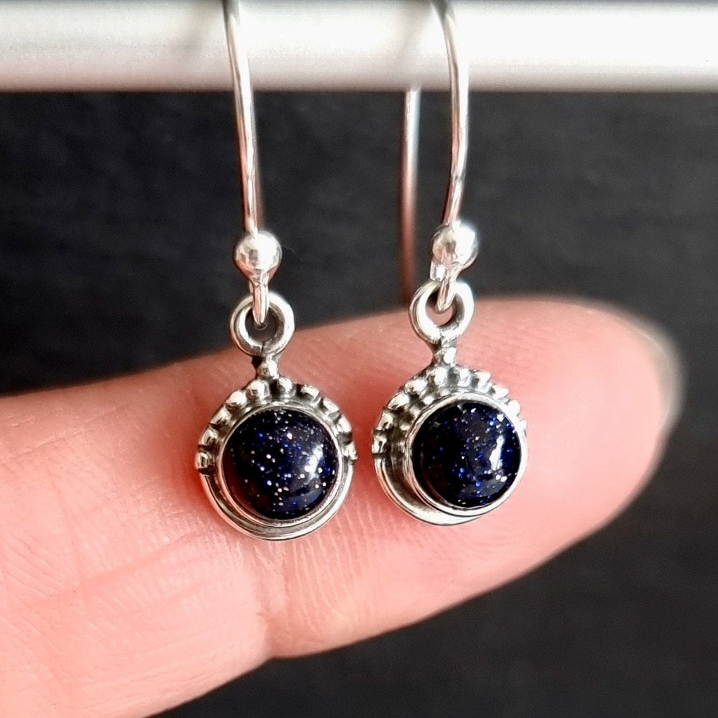Blue Goldstone Small Round Boho 925 Silver Earrings, E91BS