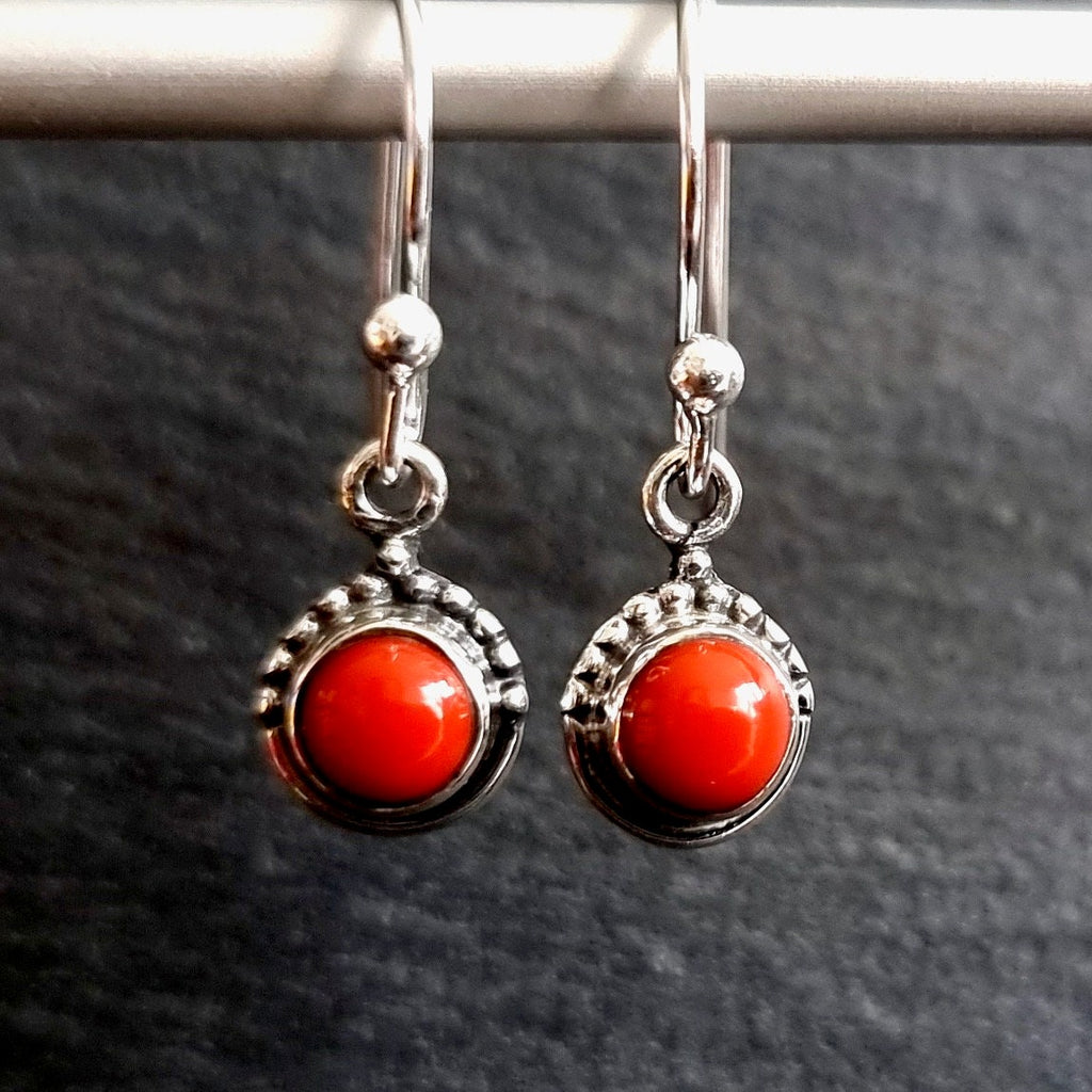 Coral Small Round Boho 925 Silver Earrings, E91COR