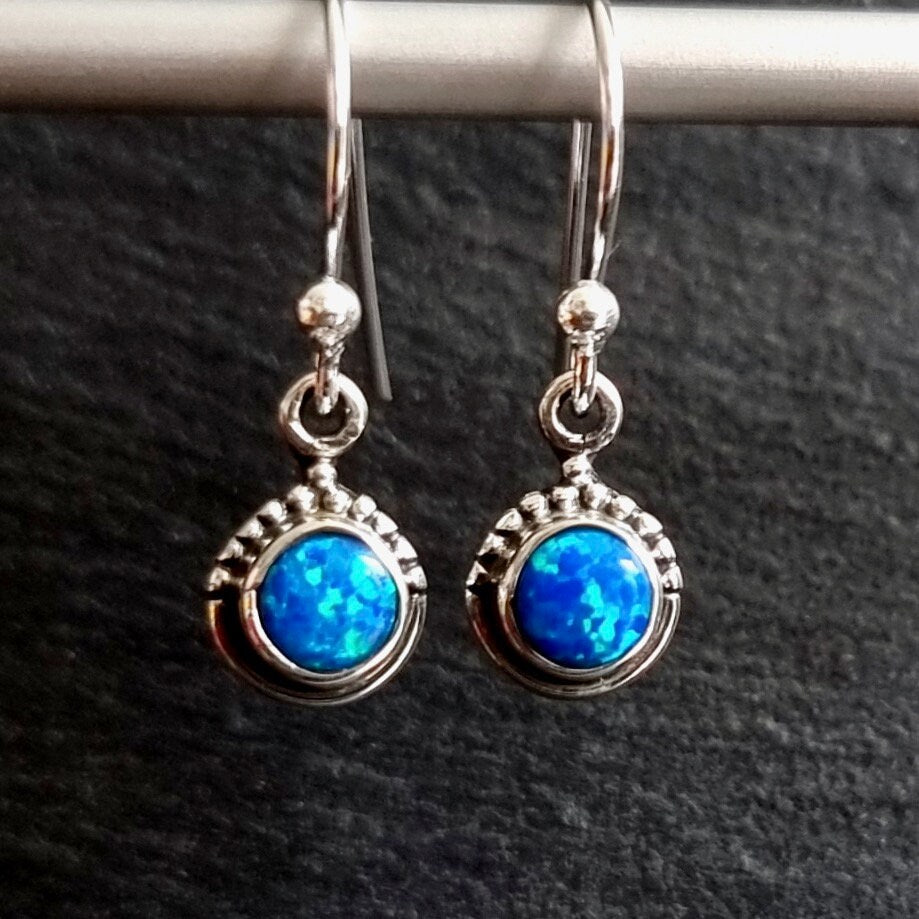 Blue Opal Small Round Boho 925 Silver Earrings, E91BOP