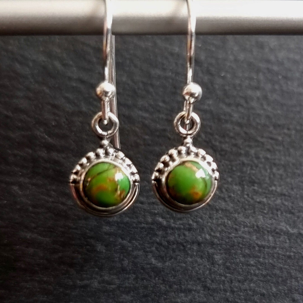 Boho Round 6mm Green Copper Turquoise 925 Silver Earrings, E91GCT