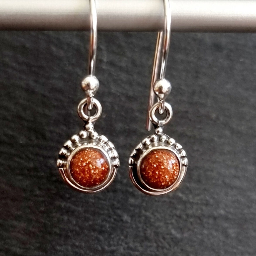 Goldstone Small Round Boho 925 Silver Earrings, E91GS