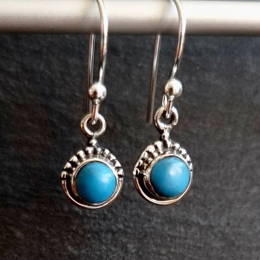 Blue Turquoise Small Round Boho 925 Silver Earrings, E91T