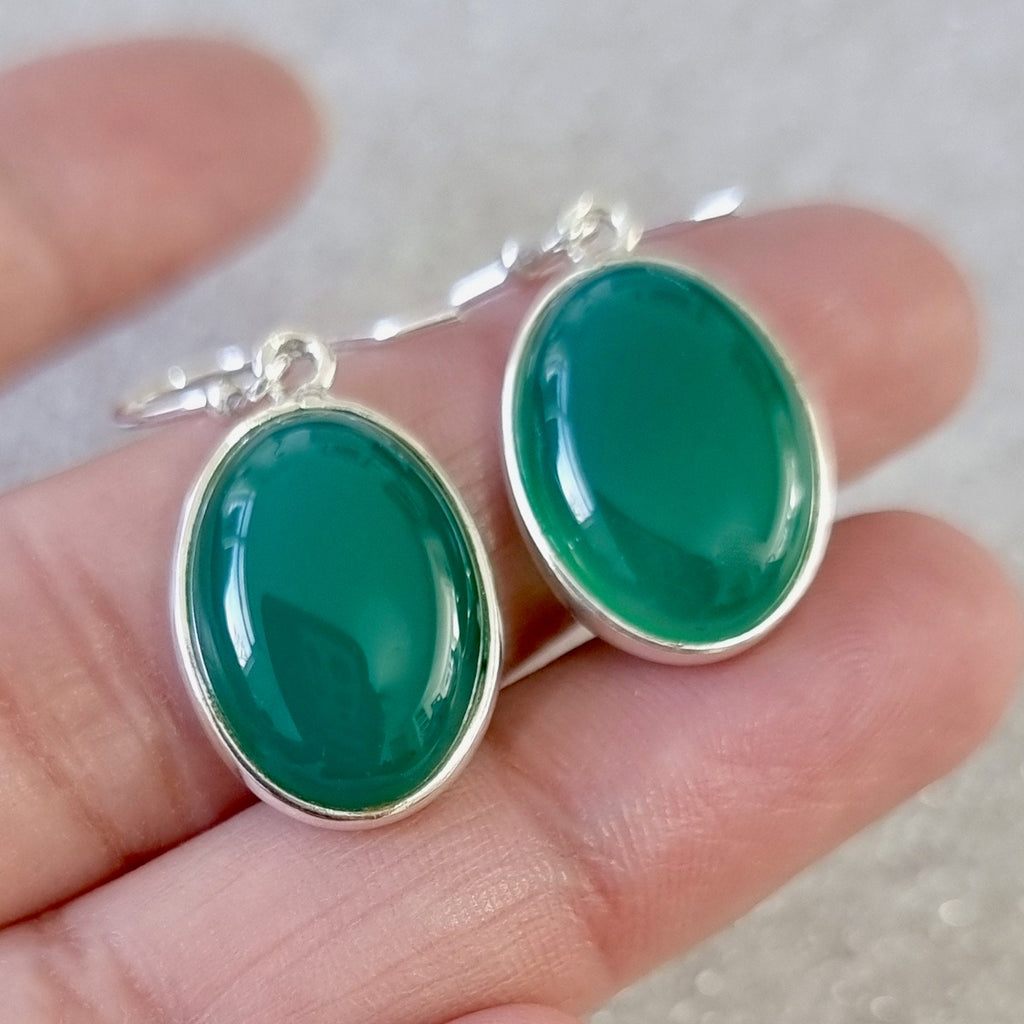 Large Oval Green Onyx Earrings | Bezel 925 Sterling Silver, GOE1