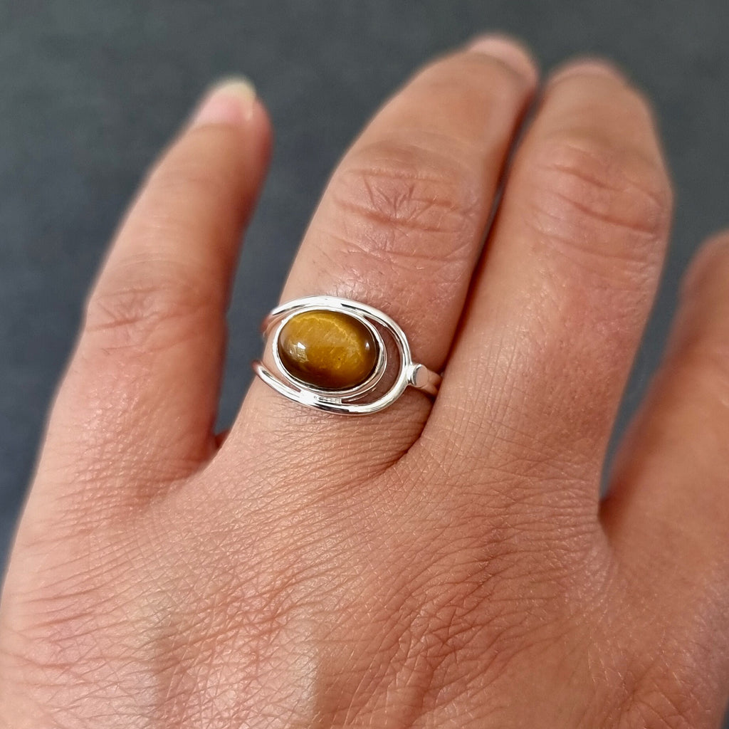 Tigers Eye Ring, Horizontal Oval 925 Sterling Silver, Brown Yellow Gemstone Jewellery, 18th Anniversary, Solitaire, Mistry Gems, R34TE