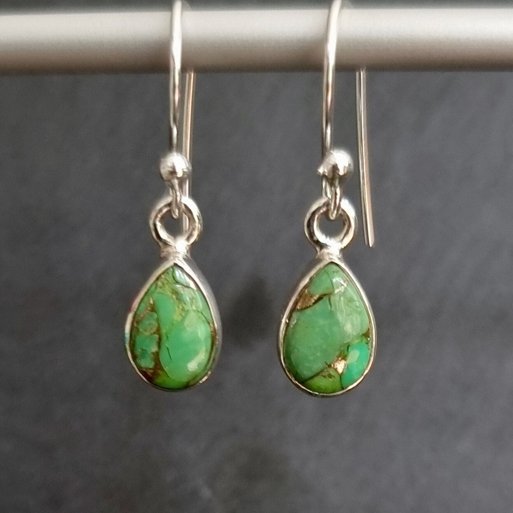Green Copper Turquoise Teardrop 9mm x 6mm 925 Sterling Silver Earrings, E5GCT