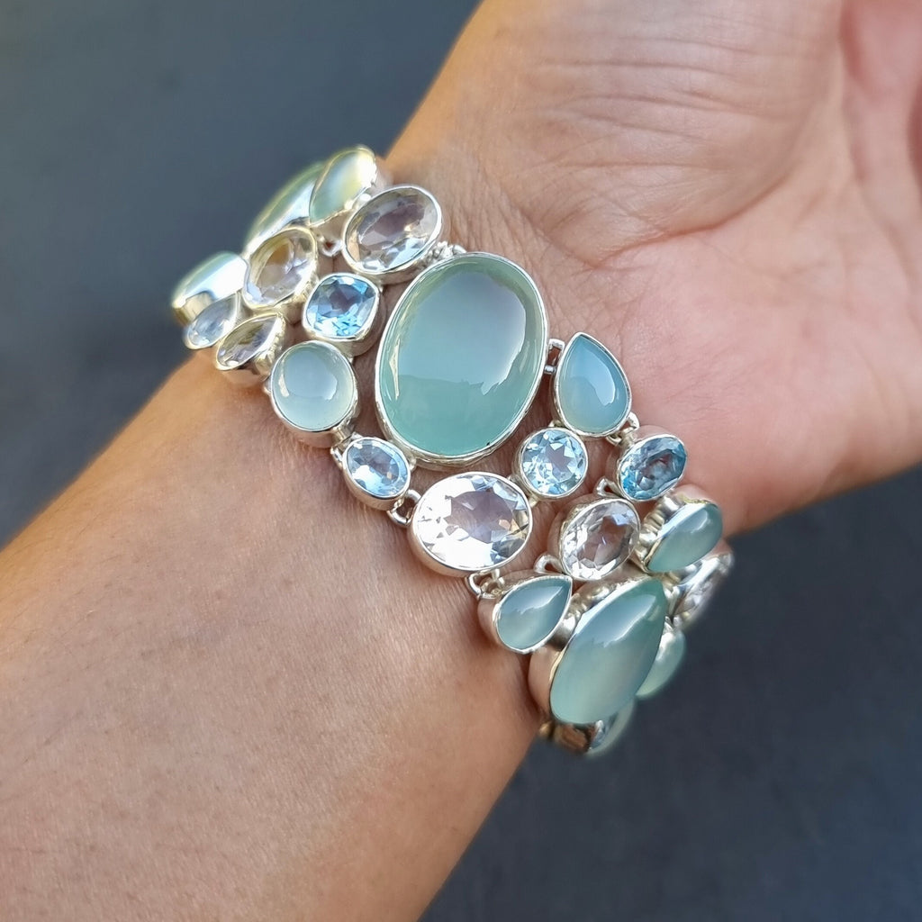 Chalcedony, Blue Topaz, Clear Quartz Multi Stone Bracelet, CALCBL1