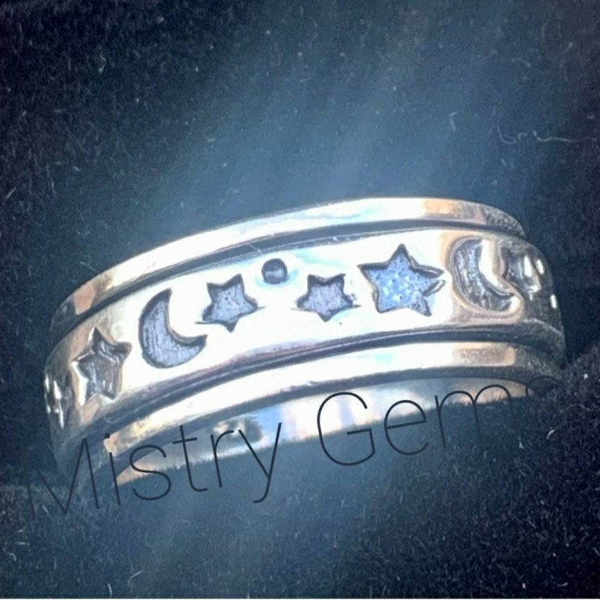Star and Moon Sterling Silver Spinner Ring, Celestial Narrow Rotating Stress Relief Band for Men and Women, Mistry Gems, SP03