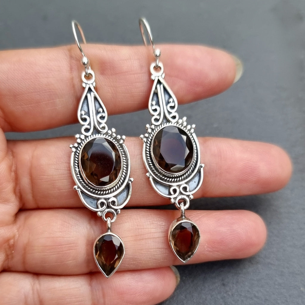Bohemian Smoky Quartz Sterling Silver Earrings, Extra Long Dangle Earrings, Nepali Hippy Statement Earrings, Mistry Gems, E38SQ
