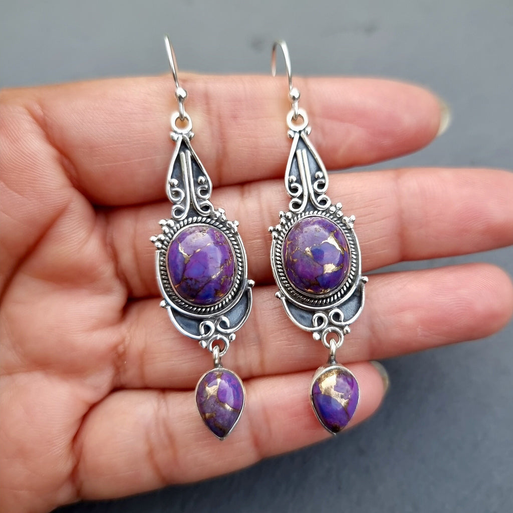 Boho Purple Copper Turquoise Earrings, Long 925 Sterling Silver Dangly Earrings, Nepali Hippy Tribal Statement Earrings, Mistry Gems, E38PCT