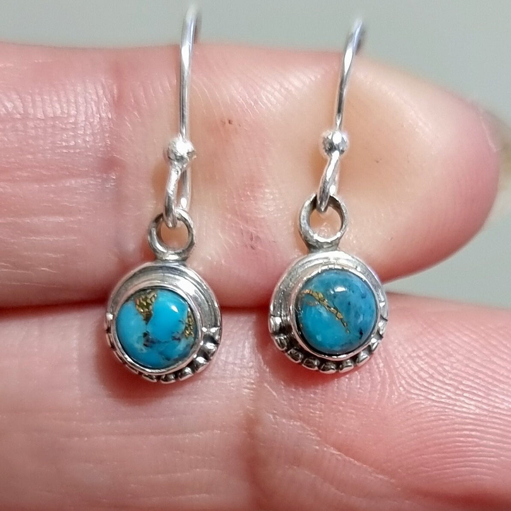 Boho Blue Copper Turquoise Earrings, Dainty Round 925 Silver Earrings, Blue Gemstone, December Birthstone, Mistry Gems, E86BCT