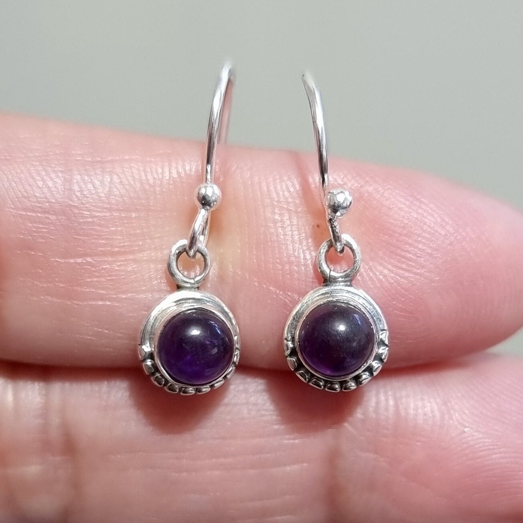 Round Amethyst Earrings, Small 925 Sterling Silver, Boho Earrings, Dainty Purple Gemstone Earrings, February Birthstone, Mistry Gems, E86A