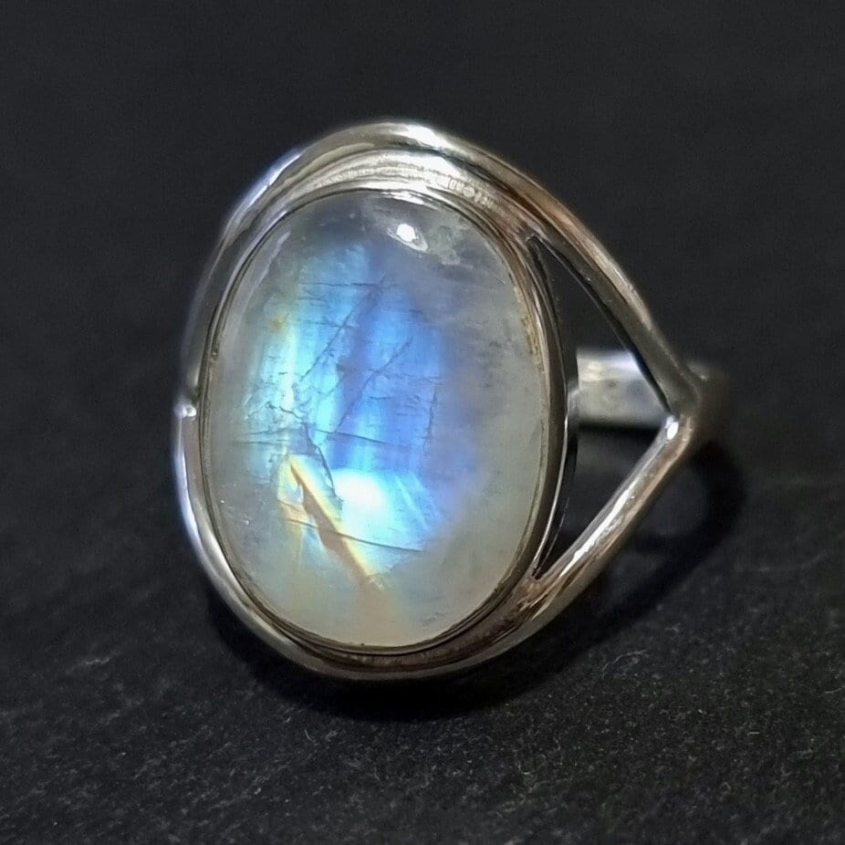 Oval Rainbow Moonstone Ring, 15mm x 12mm 925 Sterling Silver Ring, June Birthstone, Irridescent Blue Gemstone, Mistry Gems, R80MS