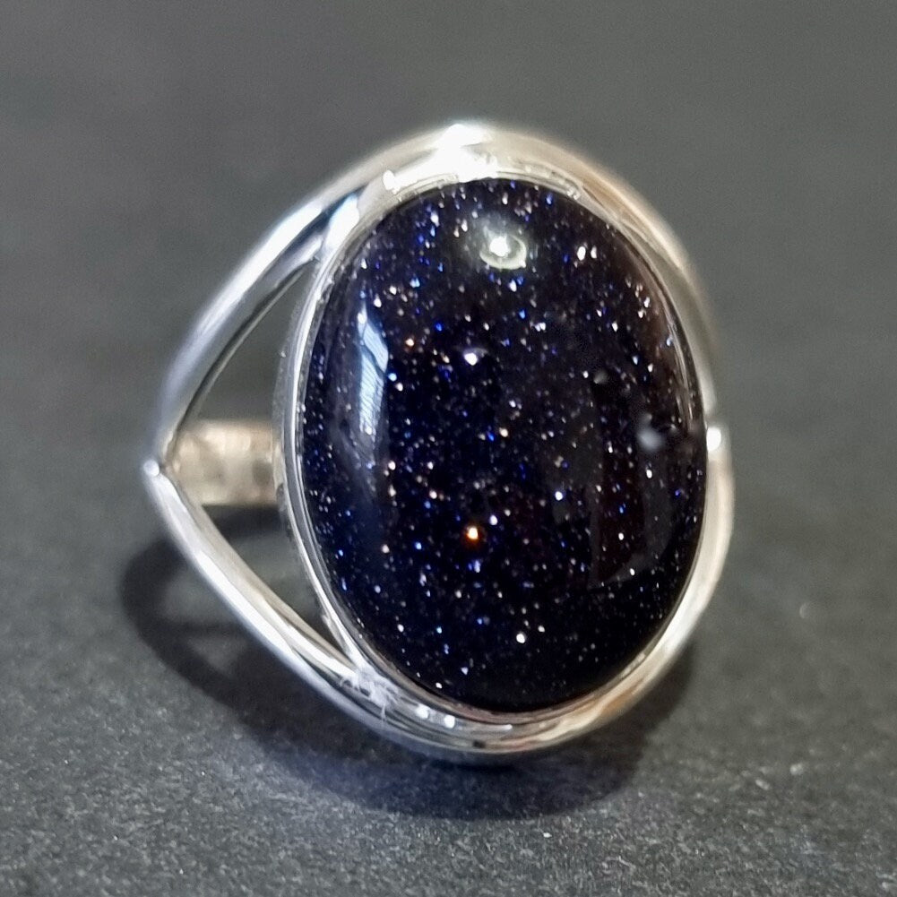 Blue Goldstone Oval 15mm x 12mm 925 Sterling Silver Ring, R80BSS