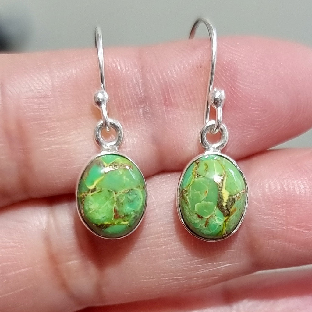Small Green Copper Turquoise Earrings, Oval 10mm x 8mm 925 Sterling Silver Earrings, Lime Green Gemstone, Mohave Turquoise,Mistry Gems,E7GCT