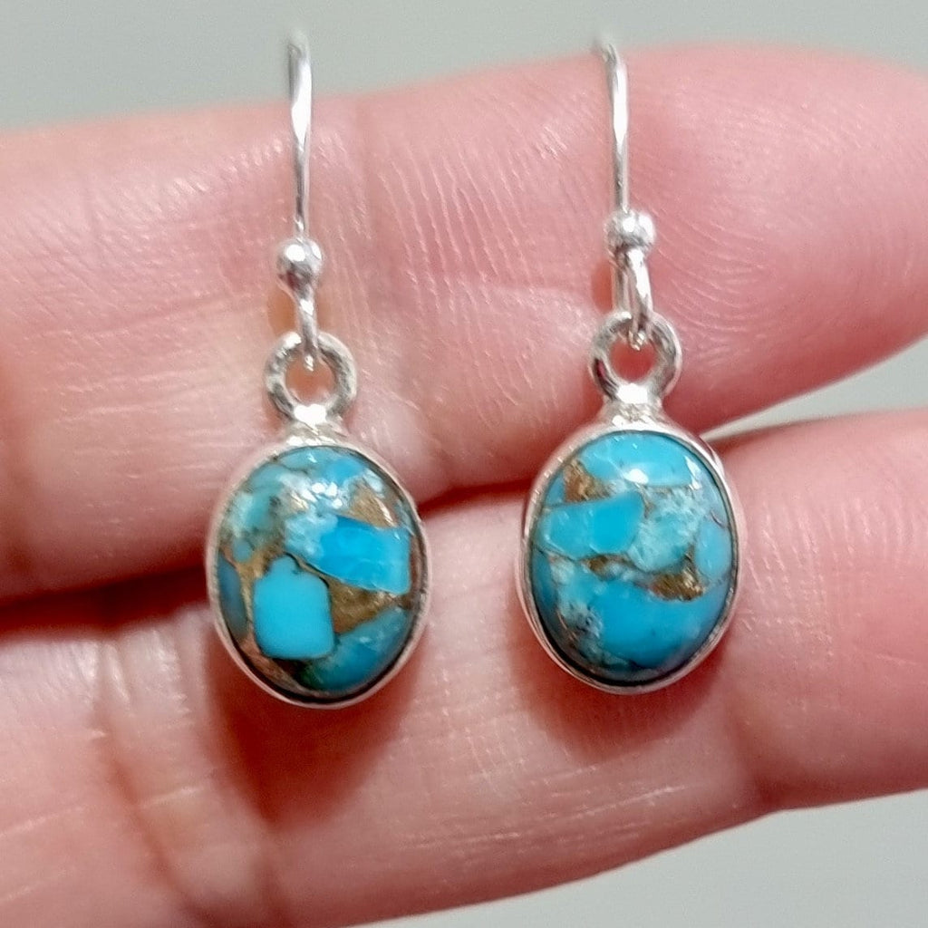 Small Blue Copper Turquoise Earrings, Oval 10mm x 8mm 925 Silver Dangly Earrings, Blue Gemstone, December Birthstone, Mistry Gems, E7T