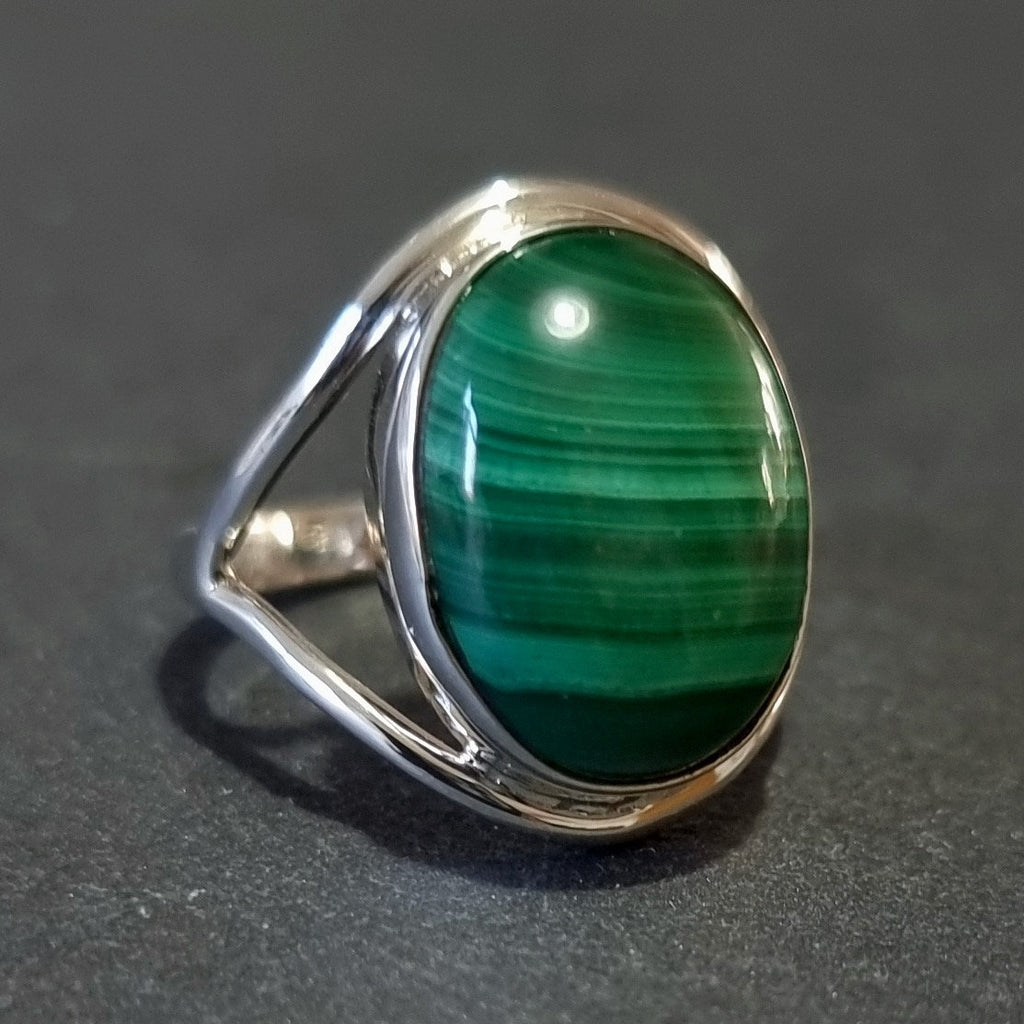 Oval Malachite Sterling Silver Ring, Stone Size 15mm x 12mm, Stripy Dark Green Gemstone Solitaire Ring, Engagement Ring, Mistry Gems,R80MALS