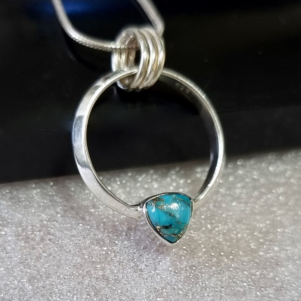 Designer Round Sterling Silver Blue Copper Turquoise Pendant, P2BCT