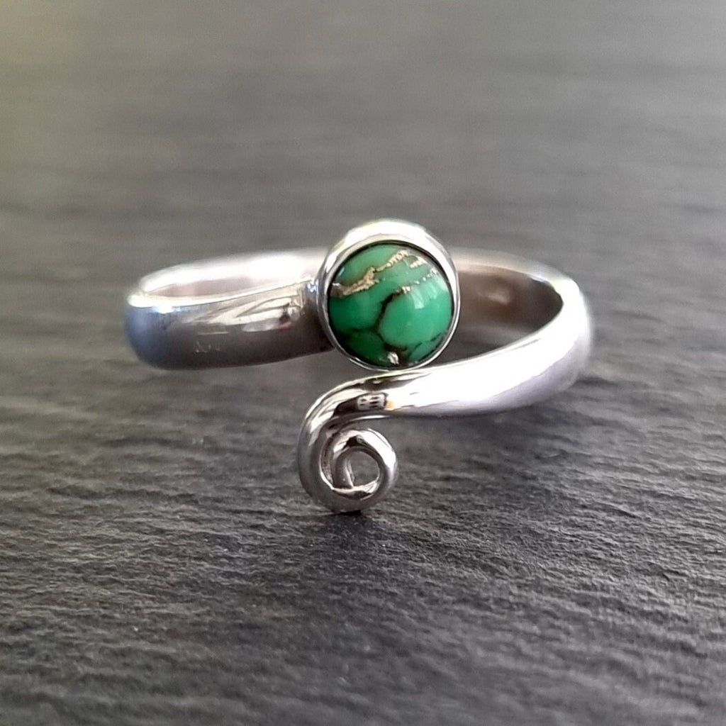 Adjustable Green Copper Turquoise Ring, 925 Sterling Silver Swirl Wrap Ring, Pinky Finger Ring, Bright Engagement Ring, Mistry Gems, R61GCT