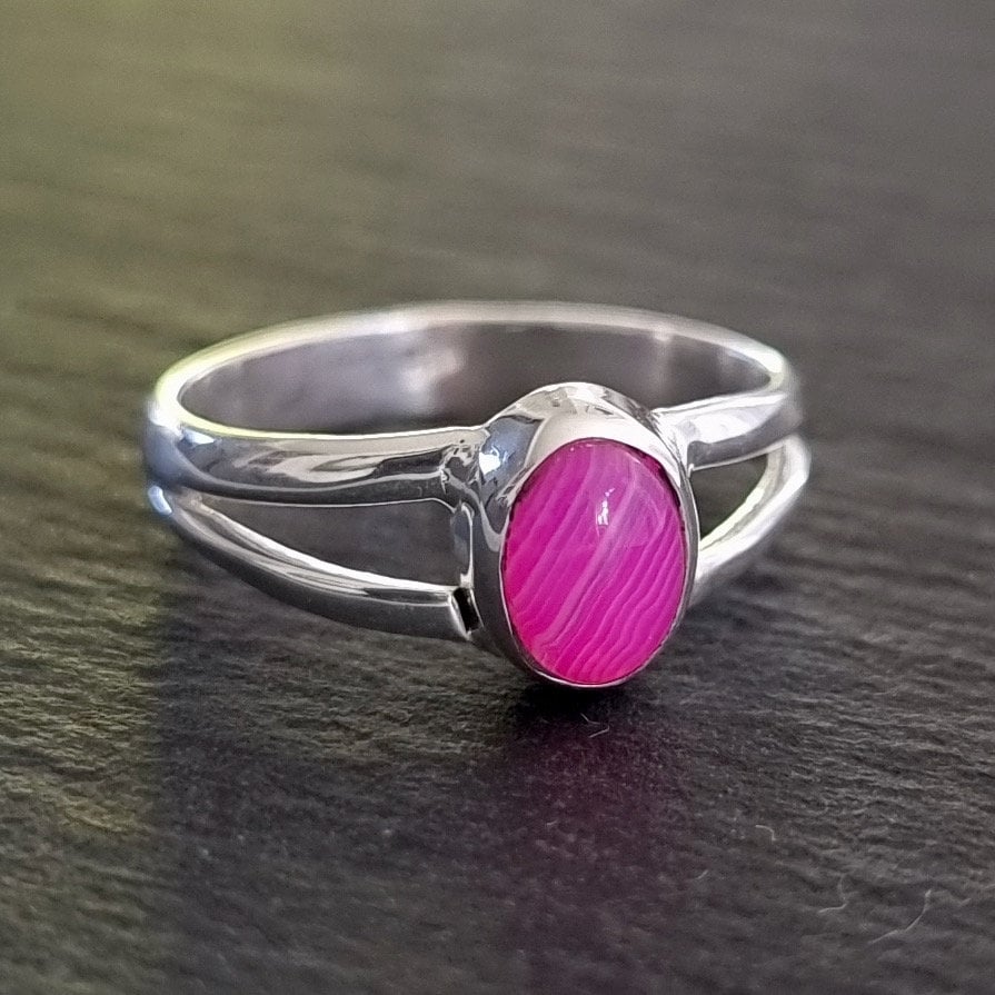 Modern HOT Pink Agate Sterling Silver Ring, Fuschia Bright Pink Gemstone, Unusual Engagement Ring, Mistry Gems, R3PAG
