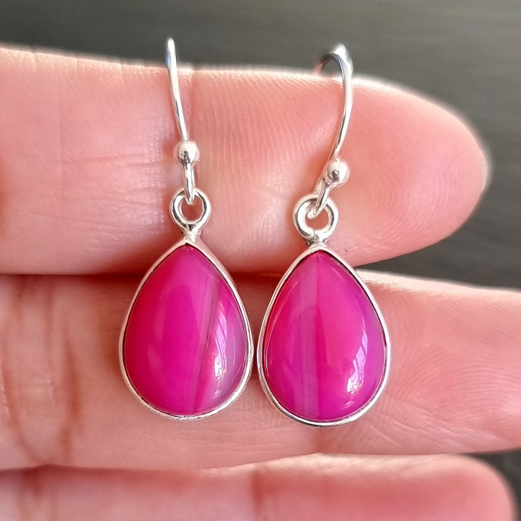HOT Pink Agate Earrings, Large Teardrop 14mm x 10mm 925 Sterling Silver Earrings, Bright Fuchsia Pink Gemstone, Mistry Gems, E11PAG