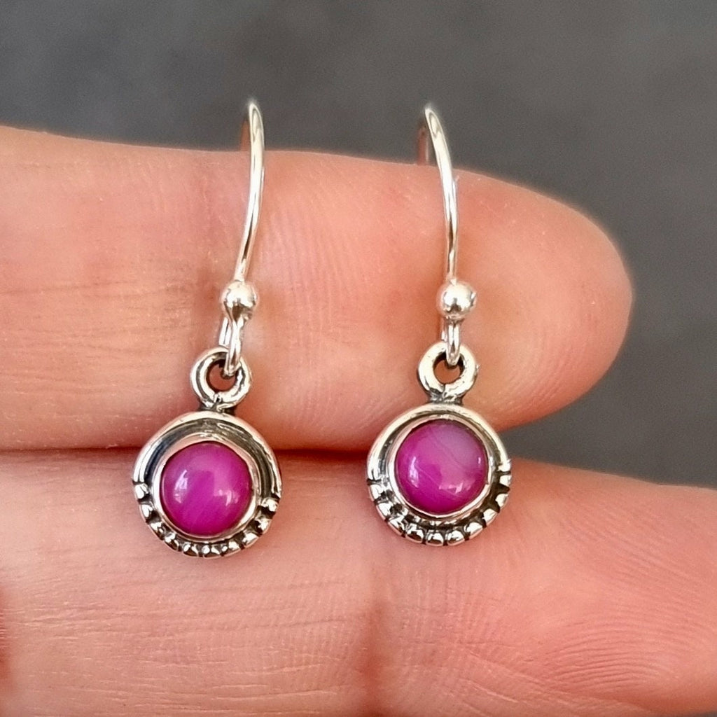 Boho Round HOT Pink Agate Earrings, Dainty 925 Sterling Silver Earrings, Bright Fuchsia Pink Gemstone, Mistry Gems, E86PAG