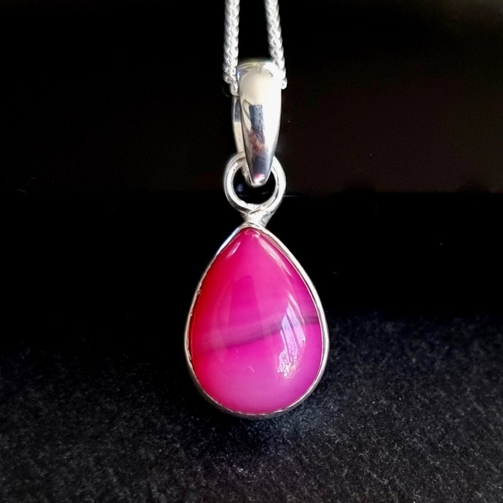Elegant HOT Pink Agate Pendant, Teardrop 14mm x 10mm Sterling Silver Necklace, Fuschia Pink Pendant Gemstone Jewellery, Mistry Gems, PAGP21