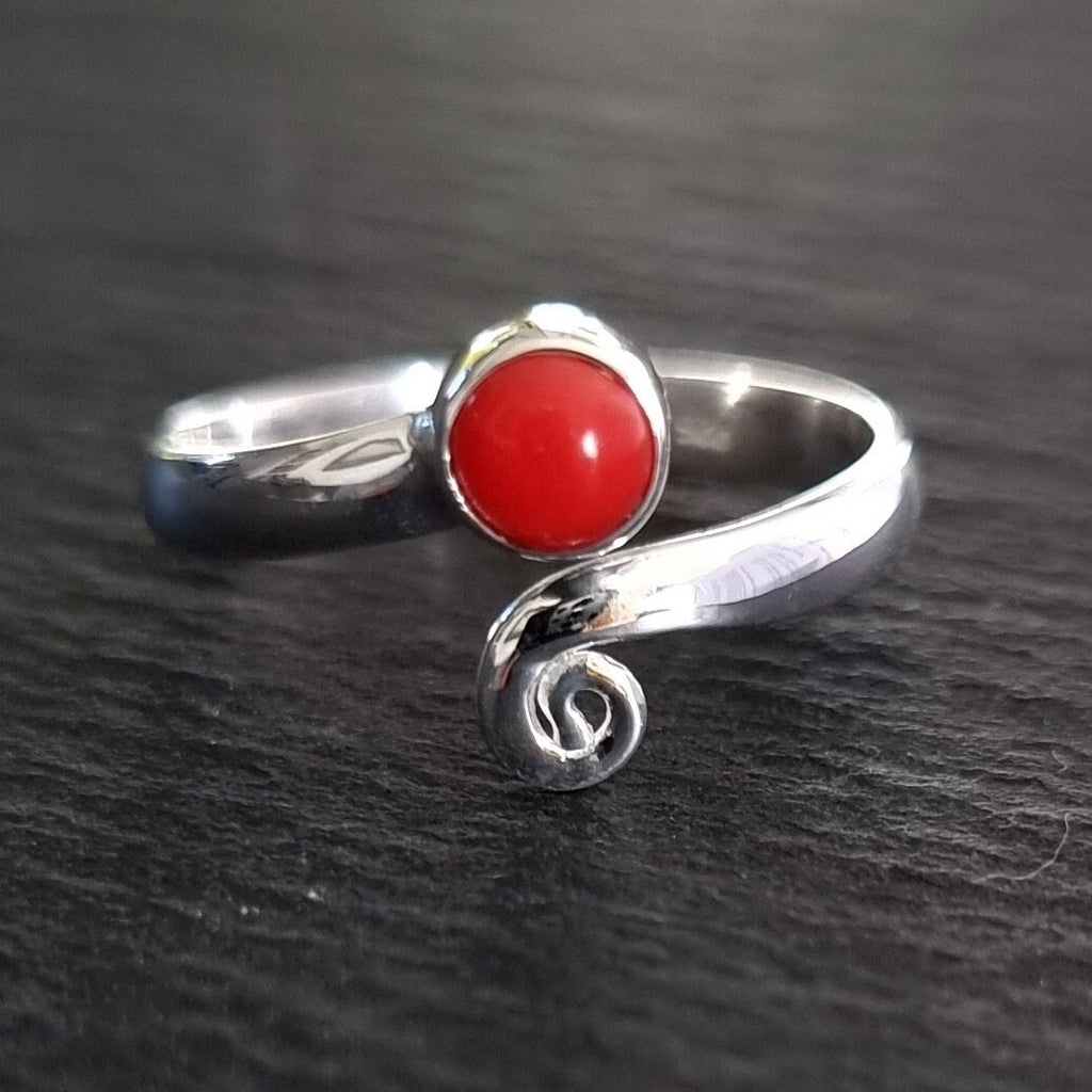 Adjustable Coral Ring, 925 Sterling Silver Ring, Silver Swirl Wrap Ring, Pinky Finger Ring, Bright Red Engagement Ring, Mistry Gems, R61COR